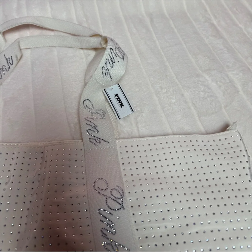 Victoria's Secret PINK Tote Bag Women Large White New Rhinestone Bling Zip Top‎